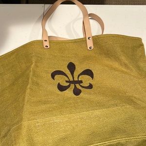Green burlap tote with leather straps